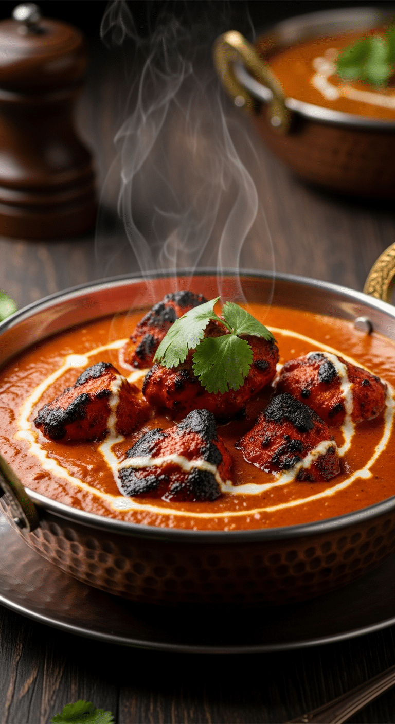 Close-up of Chicken Tikka Masala in a copper bowl with a swirl of cream and cilantro garnish.