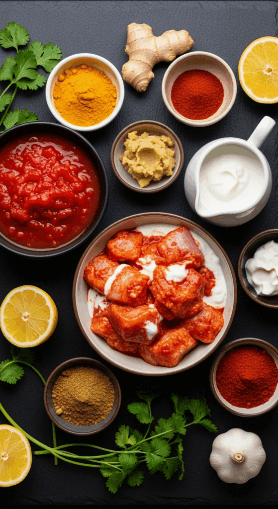 Raw ingredients for Tikka Masala including marinated chicken, spices, tomatoes, and cream on a slate background.