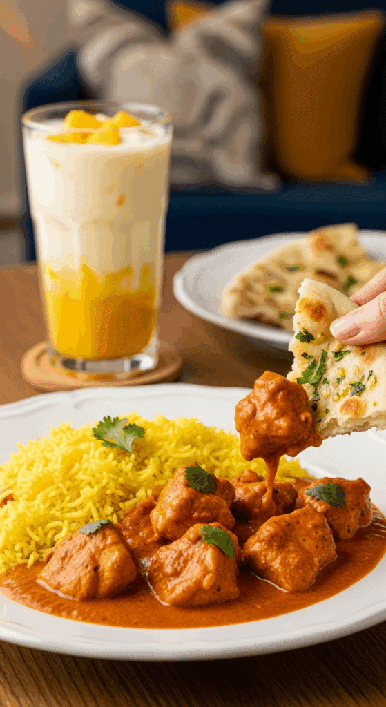 Plated Chicken Tikka Masala with pilau rice, with a piece of naan bread dipping into the sauce.