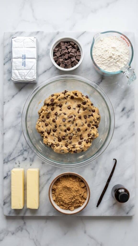 Overhead flat lay of ingredients for cookie dough cheesecake pizza, including raw cookie dough, cream cheese block, chocolate chunks, and butter on a marble surface.