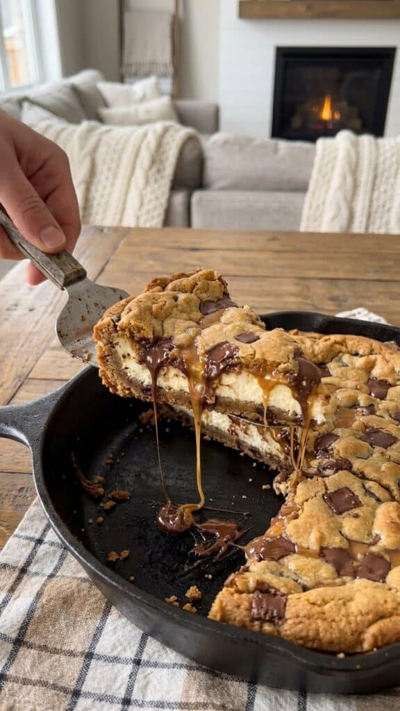 A massive slice of deep dish cookie dough cheesecake pizza being lifted by a server, revealing a thick cheesecake layer sandwiched between cookie dough layers.