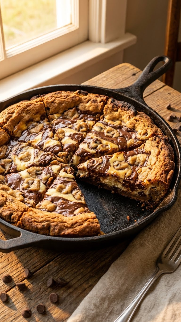 Deep dish cookie dough cheesecake pizza baked in a cast iron skillet, showing thick layers of cookie crust, creamy cheesecake, and melted chocolate chips.