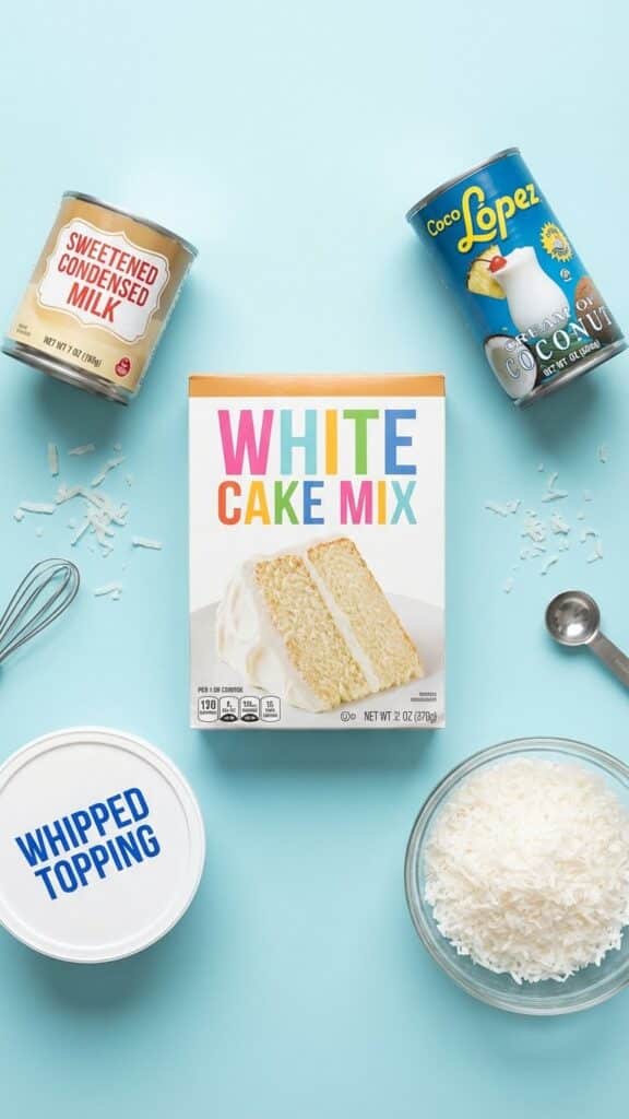 Ingredients for coconut cake including cake mix, condensed milk, cream of coconut, and cool whip.