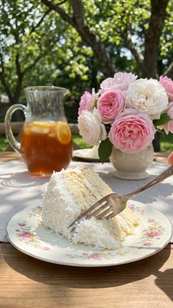 A slice of coconut cake served on a floral plate with iced tea in the background.