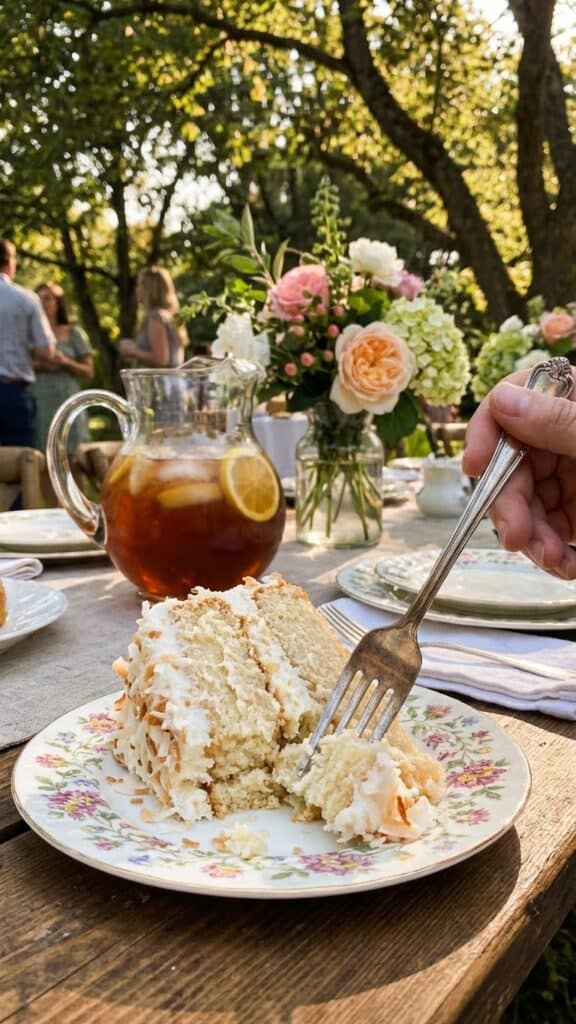 A slice of coconut cake served on a floral plate with iced tea in the background.