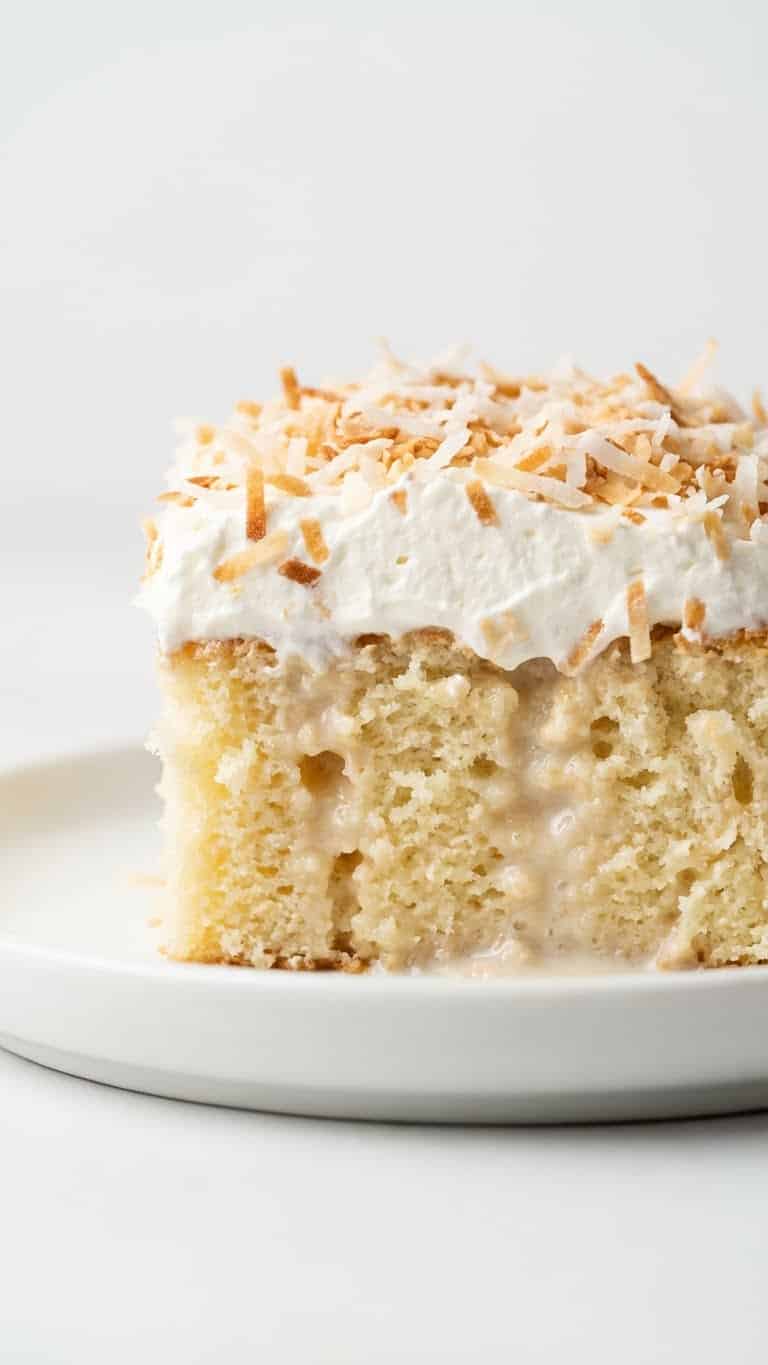 A slice of moist coconut poke cake topped with whipped cream and shredded coconut.