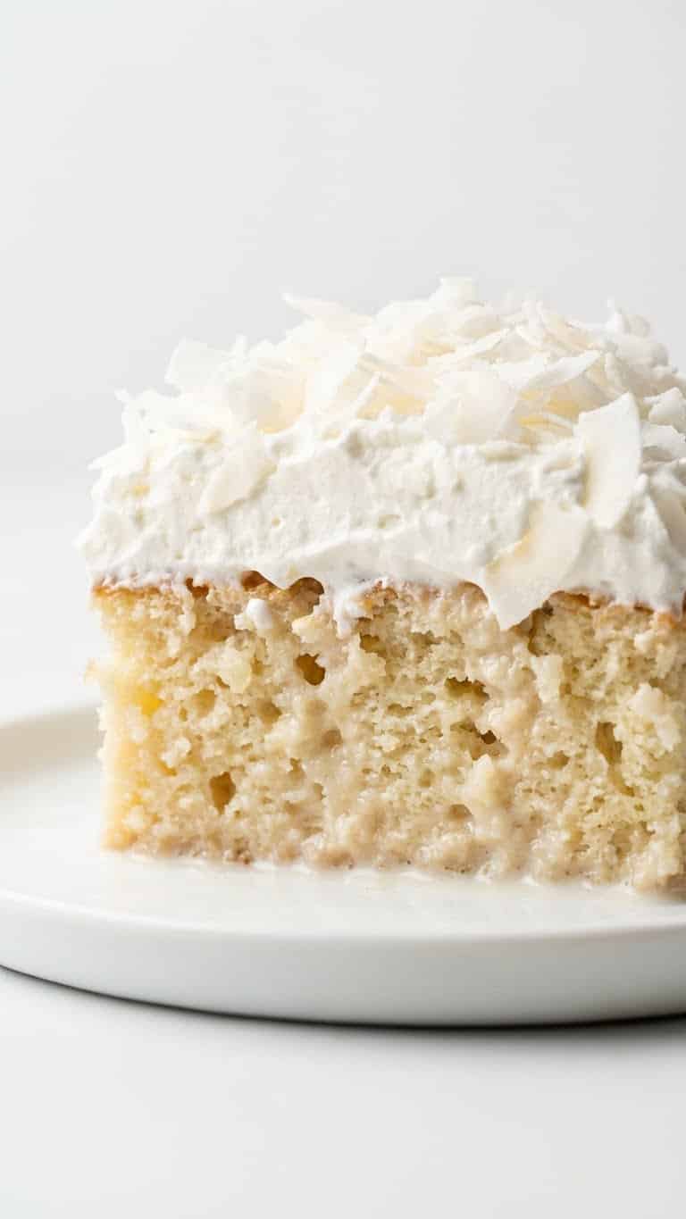 A slice of moist coconut poke cake topped with whipped cream and shredded coconut.