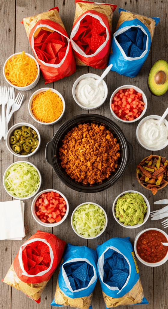 Overhead view of a walking nacho station with bags of chips, a pot of taco meat, and bowls of various toppings like cheese, salsa, and guacamole.
