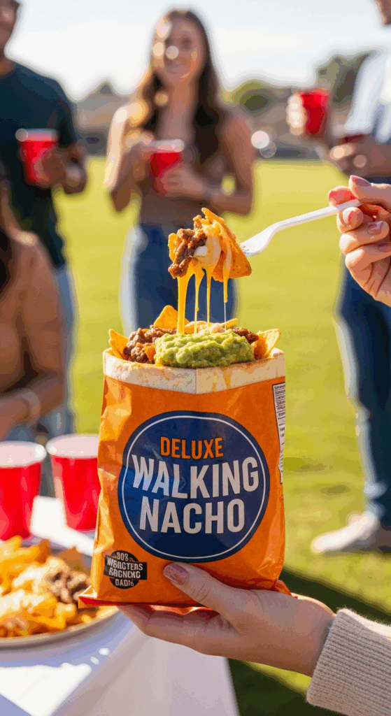 A hand holding a loaded walking nacho bag with a fork lifting a bite, set against a background of an outdoor tailgate party.