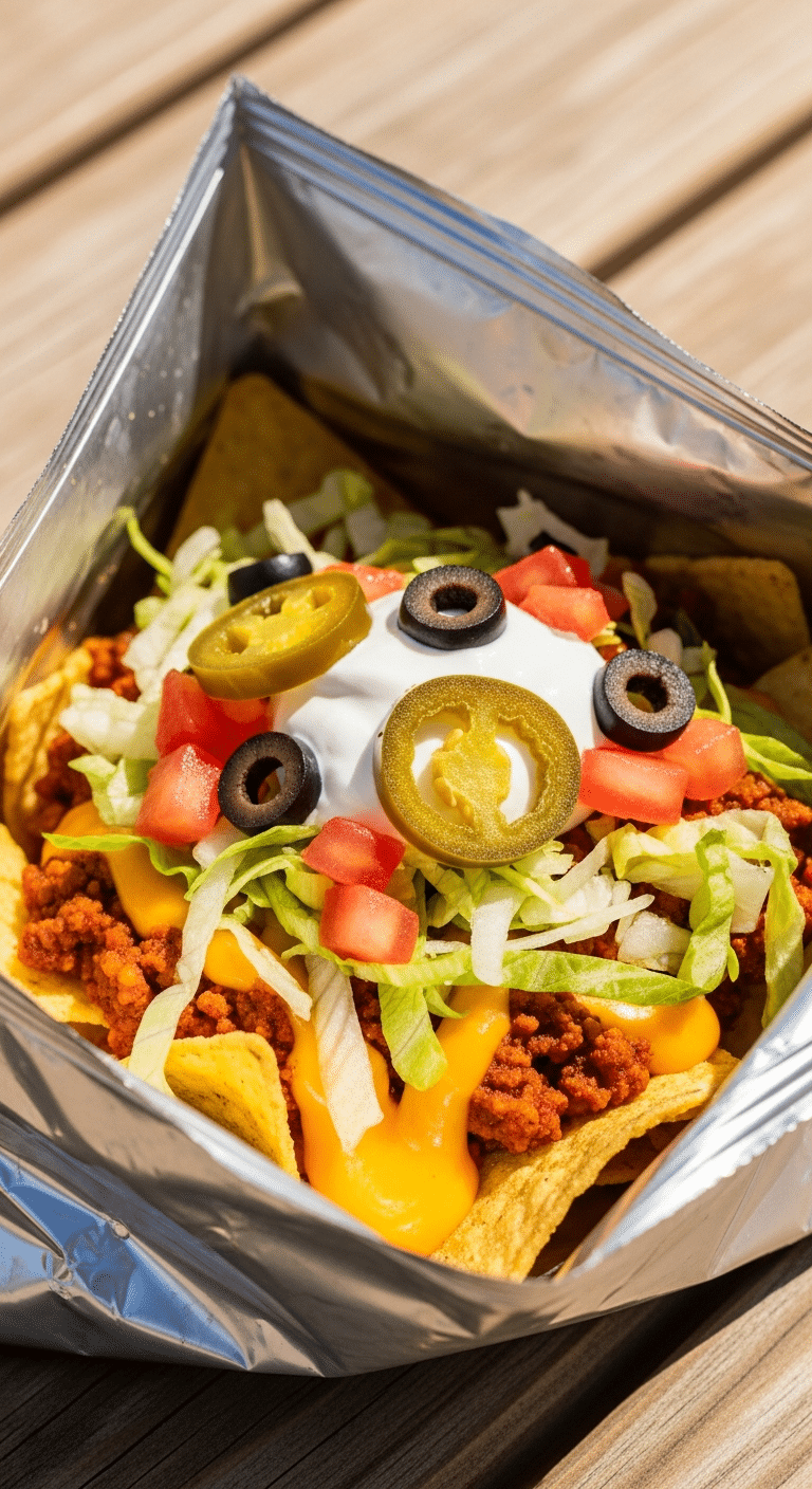 A single-serve bag of corn chips cut open and loaded with ground beef, nacho cheese, lettuce, tomatoes, and sour cream, sitting on a picnic table.