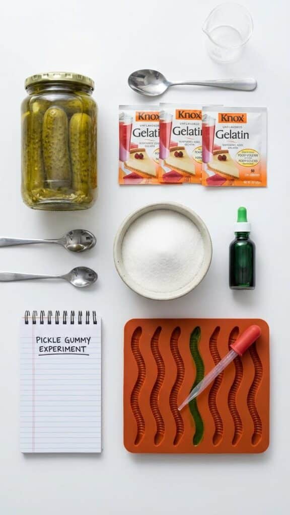 Flat lay of ingredients for pickle gummies including gelatin and pickle juice.