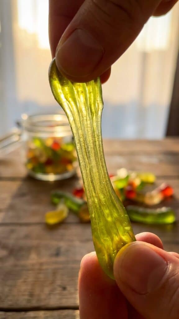 Close-up of a hand stretching a cAhewy pickle gummy worm.