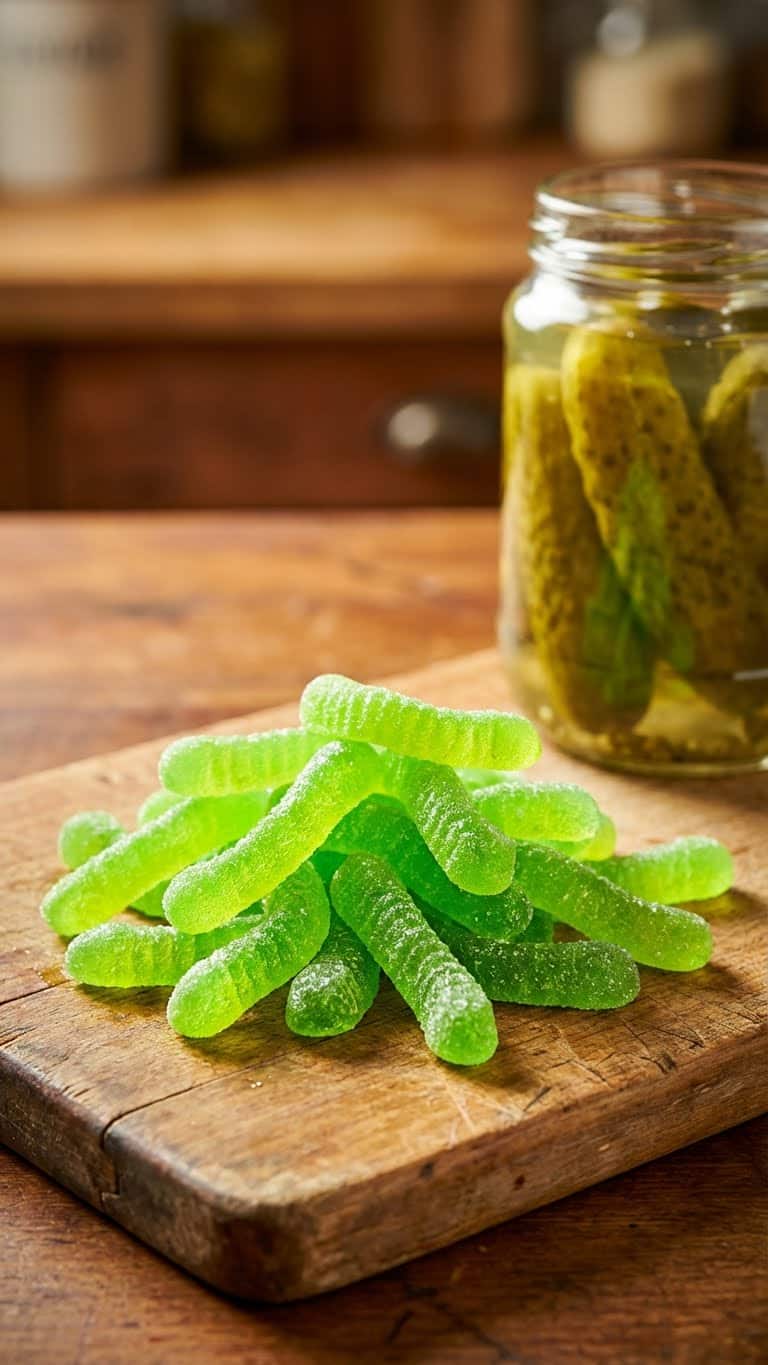 A pile of bright green homemade dill pickle gummy worms.