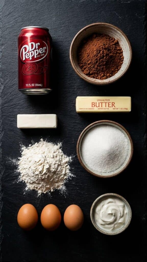 Flat lay of ingredients for Dr Pepper brownies including a red soda can, cocoa, and butter.