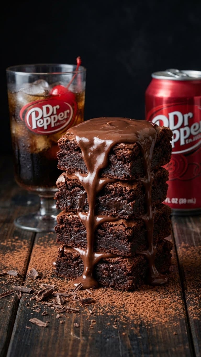 Stack of chocolate brownies made with Dr Pepper, featuring a glossy frosting and a soda can in the background.