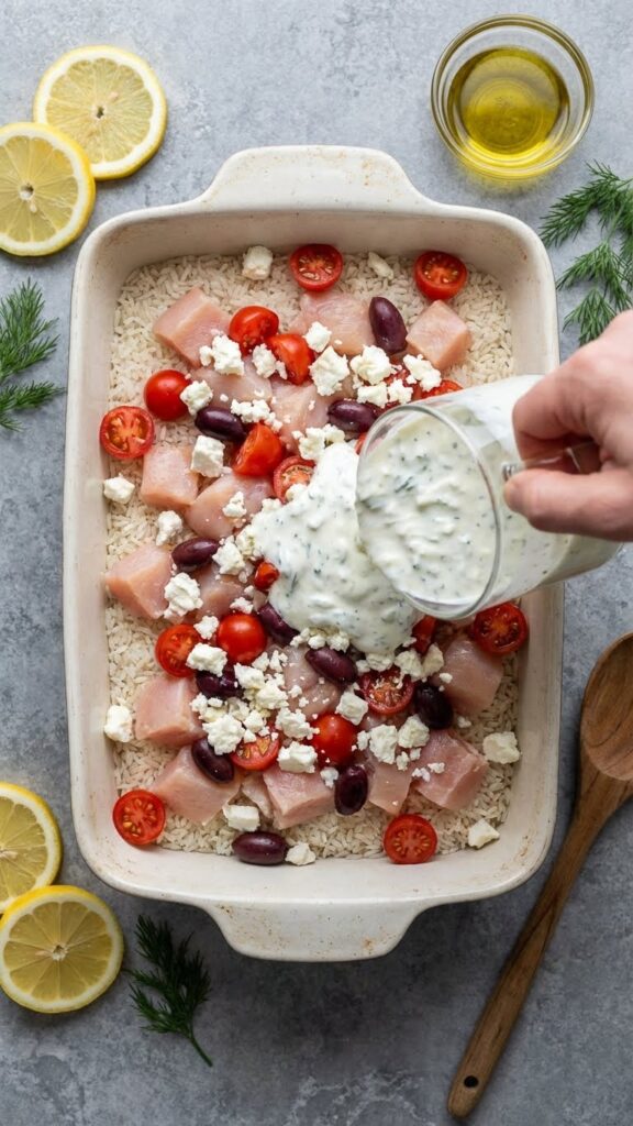 Overhead view of a baking dish being filled with raw ingredients: uncooked rice, chicken, tomatoes, olives, and a creamy tzatziki broth mixture being poured on top.