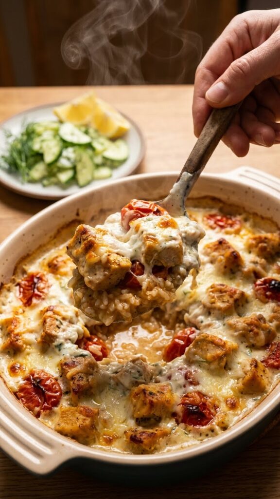 A close-up of a serving spoon scooping up creamy rice, chicken, and tomatoes from a hot Chicken Tzatziki Casserole dish.