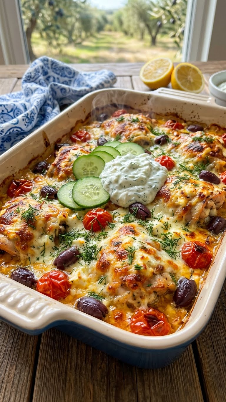 A large ceramic baking dish with baked Chicken Tzatziki Casserole, showing browned chicken, tomatoes, feta, garnished with fresh cucumber and dill.