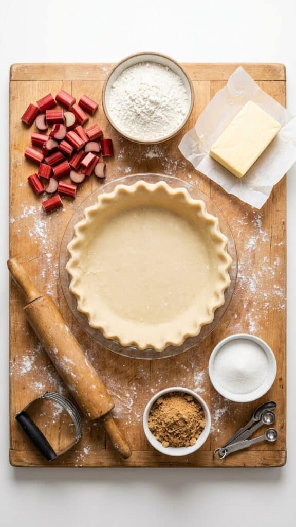 Flat lay of ingredients for Dutch Rhubarb Pie including fresh rhubarb and pie crust.