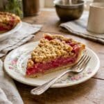 Close-up of the golden crumb topping on a rhubarb pie