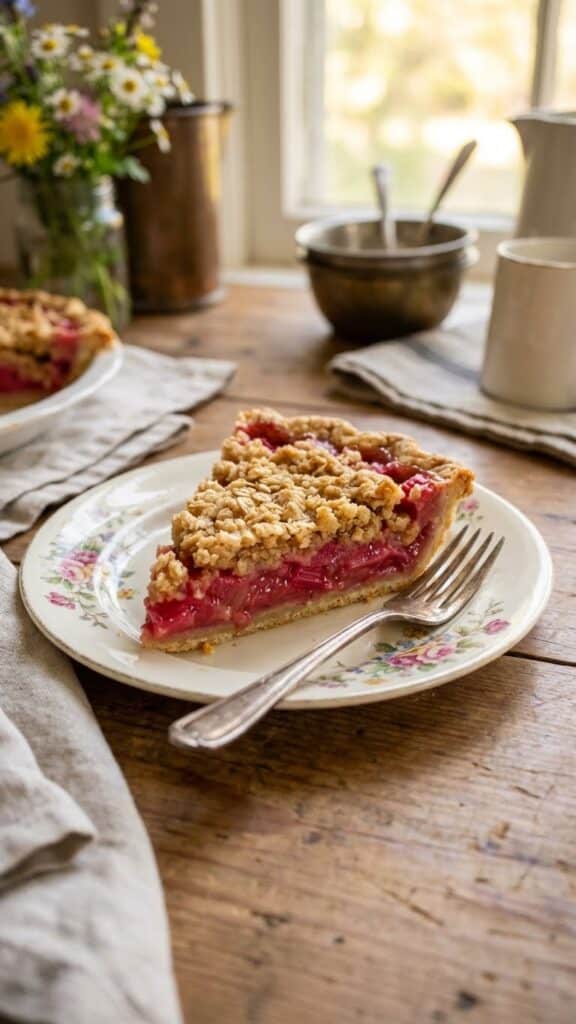 Close-up of the golden crumb topping on a rhubarb pie