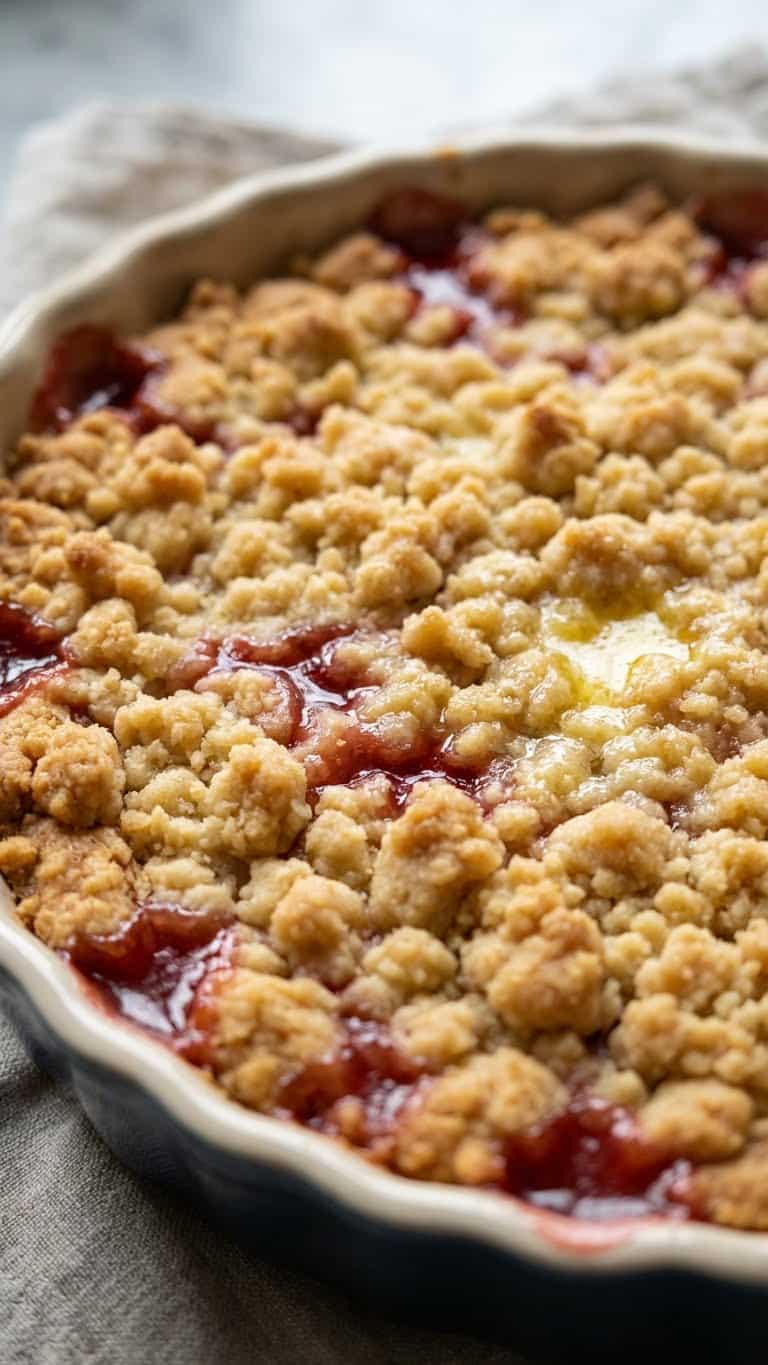 A slice of Dutch Rhubarb Pie showing the crumb topping and pink fruit filling.