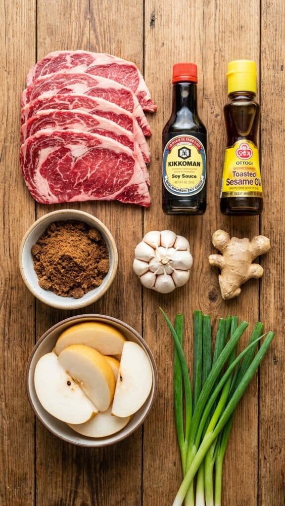 Flat lay of ingredients for beef bulgogi including soy sauce, sesame oil, pear, and sliced beef.