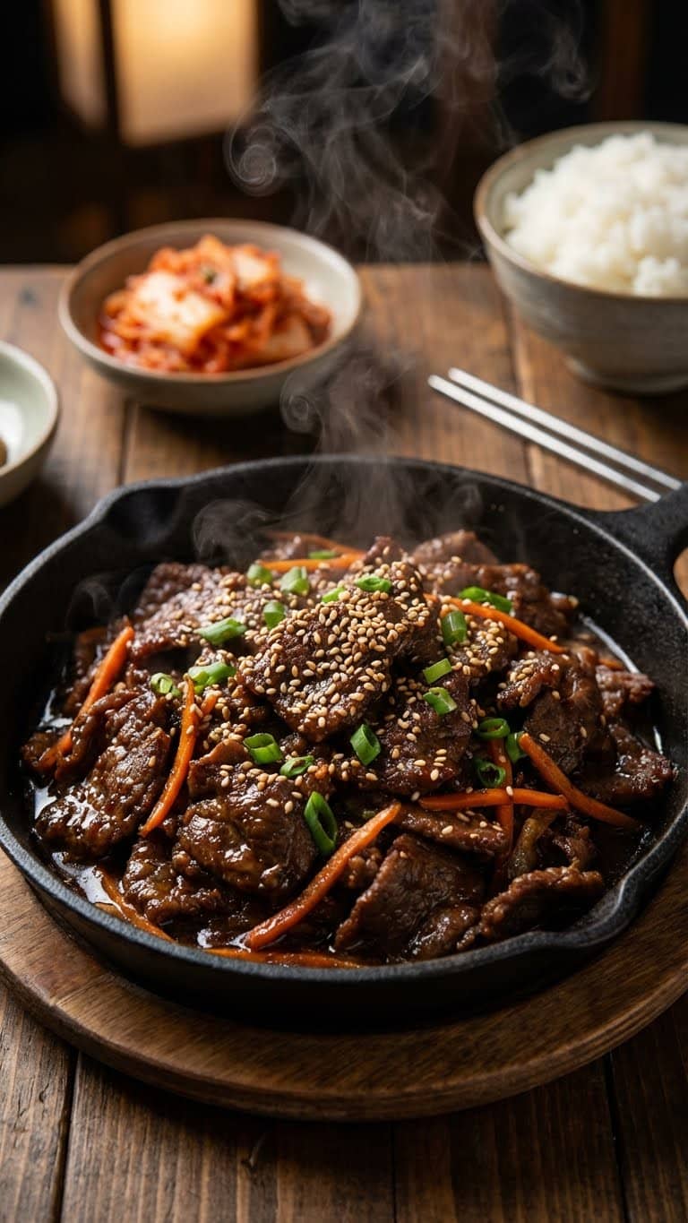 A cast iron skillet filled with sizzling Korean beef bulgogi garnished with sesame seeds and green onions.