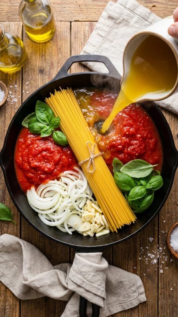 Raw ingredients for one-pot pasta arranged in a skillet including spaghetti, tomatoes, onions, and basil.
