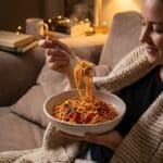 A person eating a bowl of spaghetti while sitting on a couch with a blanket.