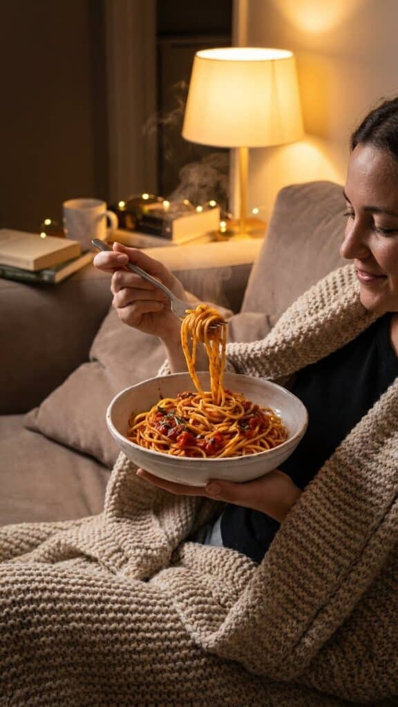 A person eating a bowl of spaghetti while sitting on a couch with a blanket.
