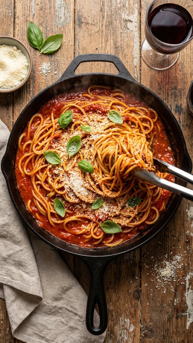 A skillet of creamy one-pot spaghetti with tomato sauce, basil, and parmesan.