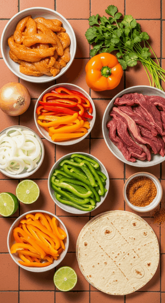 Overhead view of fresh fajita ingredients: marinated raw chicken and beef, sliced colorful peppers and onions, limes, spices, and tortillas on a tiled counter.