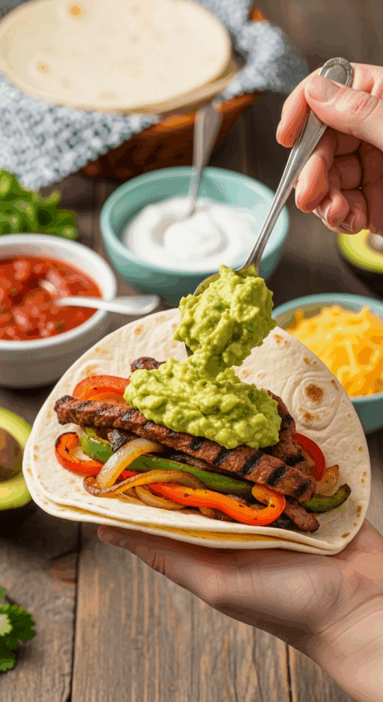 A hand holding a flour tortilla filled with fajita filling, being topped with guacamole, set against a background of various toppings on a dining table.