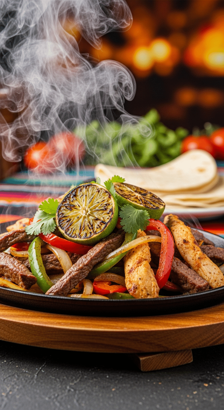 A sizzling cast-iron skillet filled with char-grilled steak and chicken fajitas, colorful peppers, and onions, with steam rising, served on a rustic wooden board.