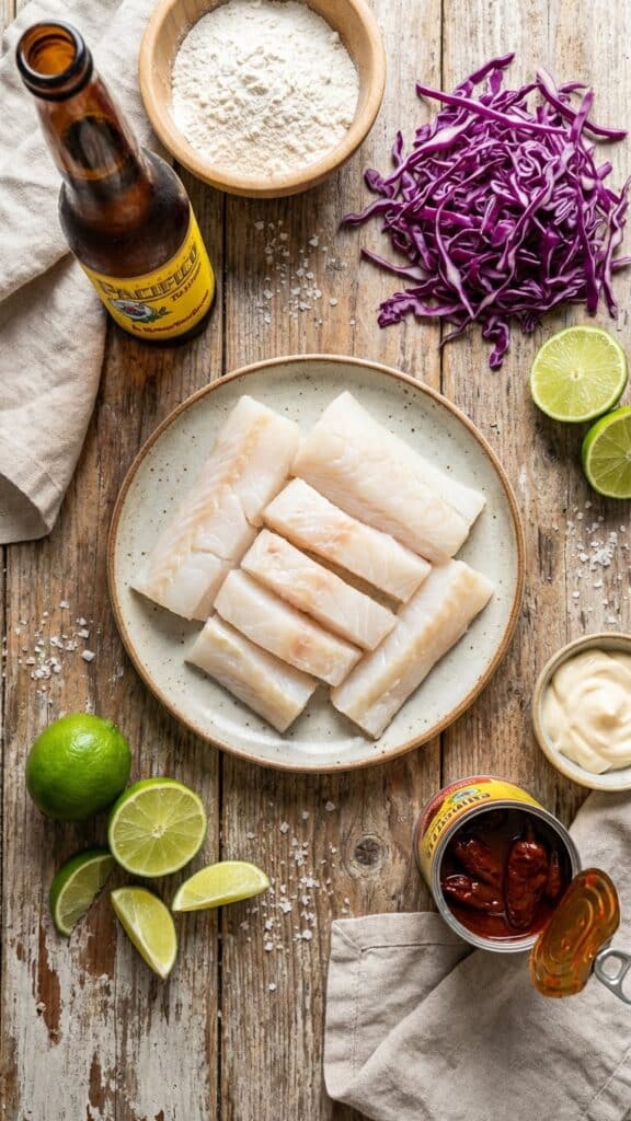 Ingredients for fish tacos including cod fillets, beer bottle, cabbage, limes, and spices.