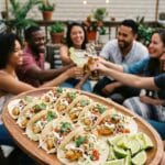 A platter of crispy fish tacos served at an outdoor summer party with drinks in the background.