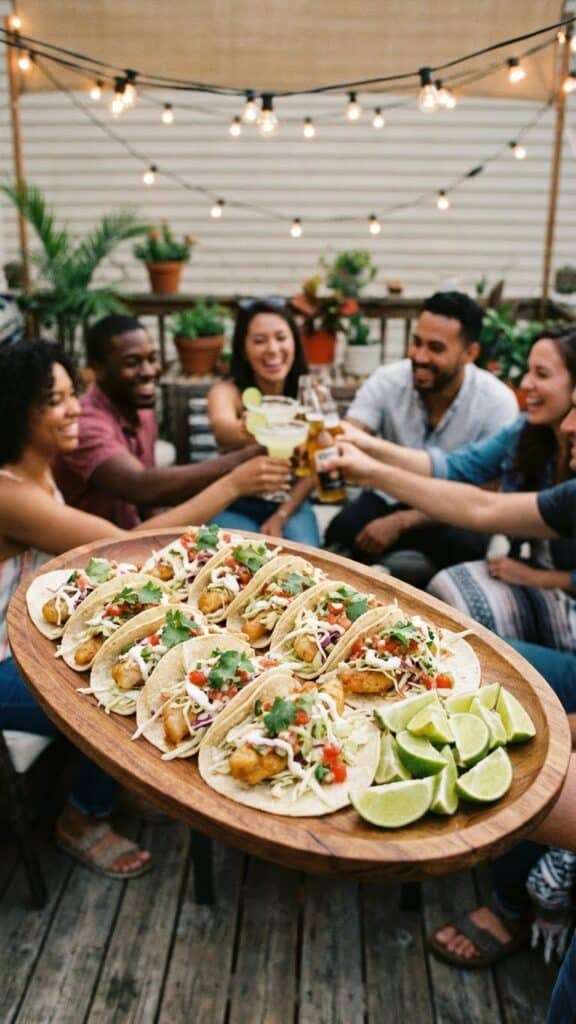 A platter of crispy fish tacos served at an outdoor summer party with drinks in the background.