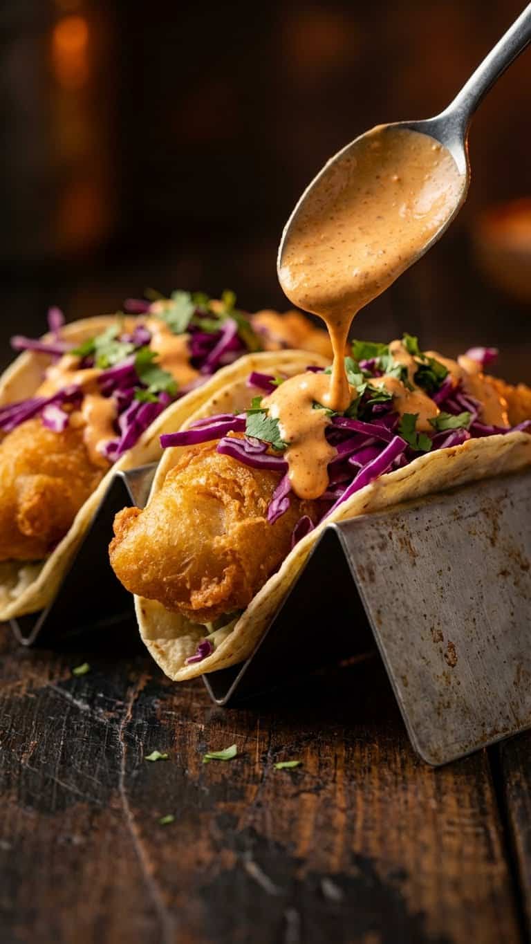Crispy beer-battered Baja fish tacos with purple slaw and creamy chipotle sauce drizzle.