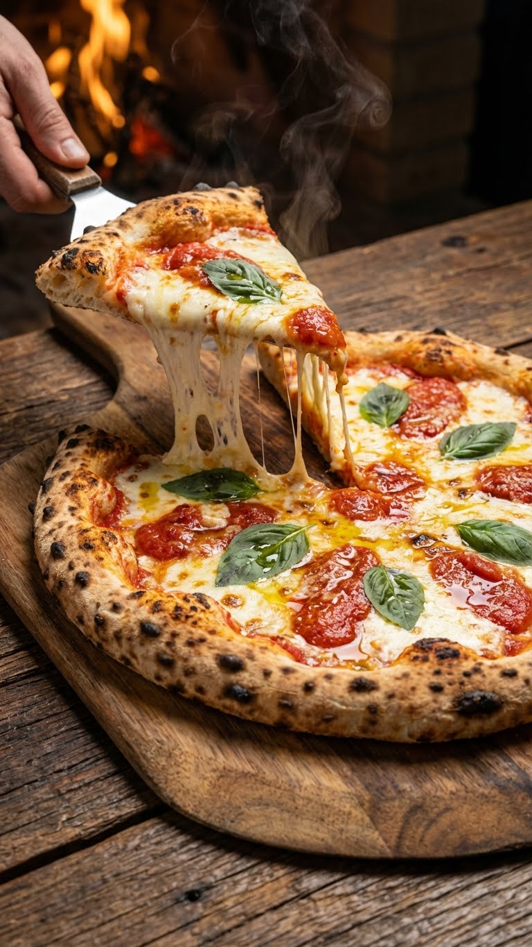 A close-up photograph of a wood-fired Four Cheese Margherita Pizza with a slice being lifted, showing a stretchy cheese pull of mozzarella, provolone, fontina, and parmesan, topped with basil and tomato sauce.