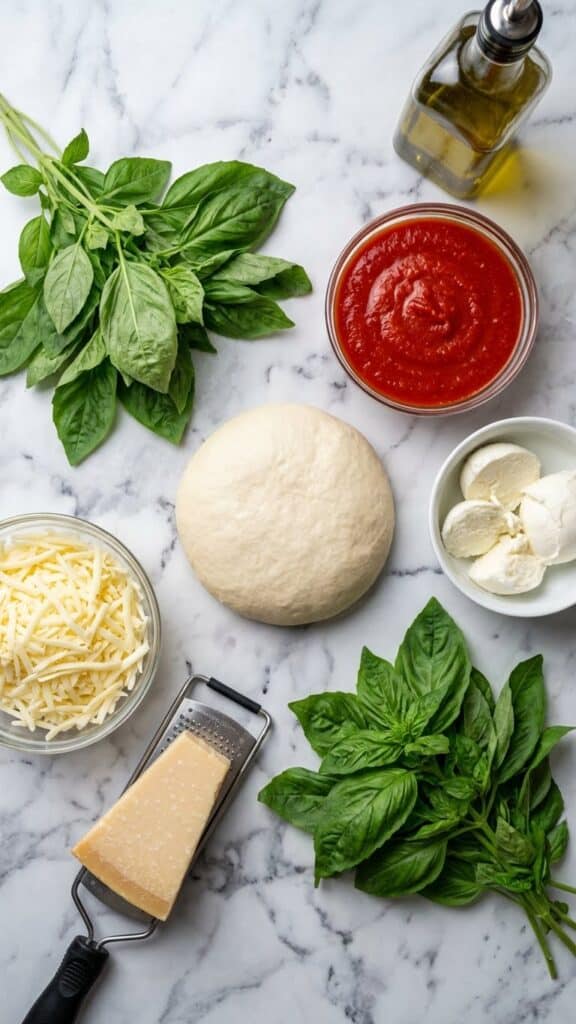 Overhead view of ingredients for the pizza: pizza dough, San Marzano sauce, fresh mozzarella, shredded provolone/fontina, parmesan wedge, fresh basil, and olive oil on a marble surface.