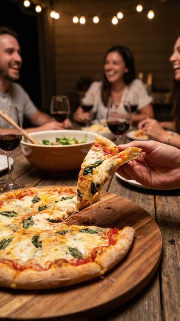 A hand holding a folded slice of cheesy Margherita pizza at a dinner table, with the rest of the pizza and glasses of wine in the background.