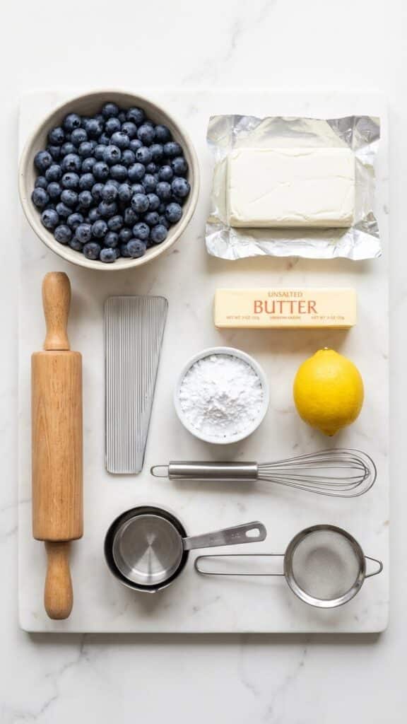 Flat lay of ingredients for blueberry frosting including fresh berries.