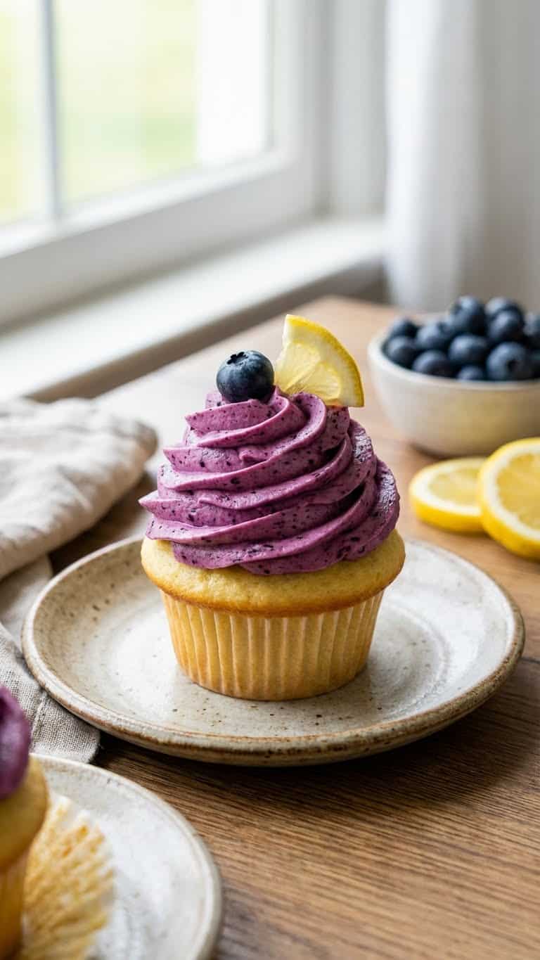 Lemon cupcake with bright purple fresh blueberry frosting