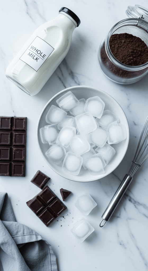 Ingredients for frozen hot chocolate including ice, chocolate bar, and milk.