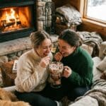 A couple sharing a large frozen hot chocolate with two straws near a fireplace.