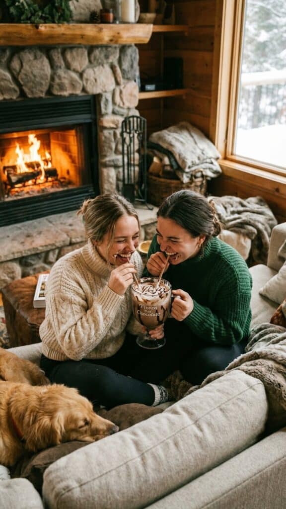 A couple sharing a large frozen hot chocolate with two straws near a fireplace.