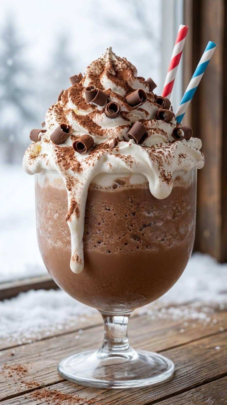 A giant goblet of frozen hot chocolate with a mountain of whipped cream and chocolate shavings.