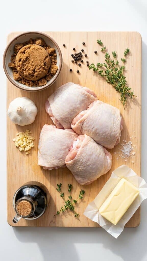 An overhead view displaying the raw components. It emphasizes the two main flavor drivers in the title—the brown sugar and the garlic—alongside the protein.