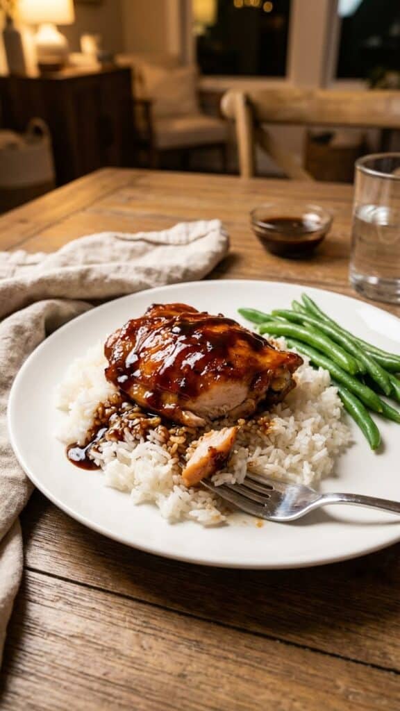 Plated Garlic-Brown Sugar Chicken Thigh served over white rice with green beans on a dinner table.